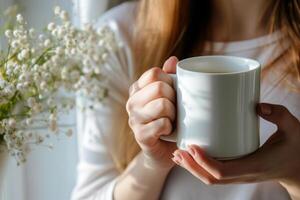 ai genererad kvinna händer med en råna av dryck. ung kvinna innehav kopp av te eller kaffe i de morgon- solljus. generativ ai foto