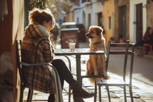 ai genererad kvinna med henne sällskapsdjur i de hund vänlig Kafé. generativ ai foto