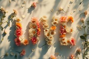 ai genererad brev kärlek tillverkad av blommor i pastell färger. generativ ai foto