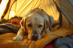 ai genererad hund om i tält i de skog. utomhus- camping med en hund. resa med de sällskapsdjur. generativ ai foto