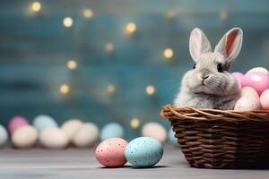 ai genererad festlig påsk bakgrund med färgad ägg och söt påsk kanin i de korg på en trä- tabell. foto