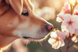 ai genererad närbild av en hund sniffa en vår blomma. hund lukta blomma. generativ ai foto