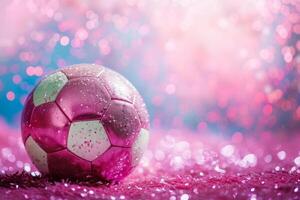 ai genererad rosa fotboll boll med gnistrande konfetti och glitter. generativ ai foto