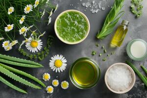 ai genererad naturlig hudvård Ingredienser. aloe vera och kamomill på sommar bakgrund. generativ ai foto