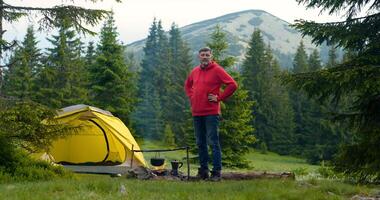 skäggig man nära lägereld i de skog. de camping är belägen i en skön skog gräsmatta i de berg. resa begrepp foto