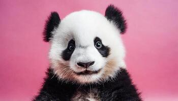 ai genererad liten söt panda på de rosa bakgrund, genererad bild foto