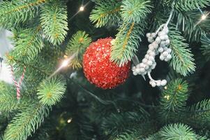 röd skinande boll, färgad grannlåt hängande på de grenar av en jul träd. Semester dekor. bakgrund. foto