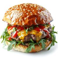 ai genererad en utsökt nötkött burger med saftig pastej, ost, tomat, saus, och sallad isolerat på de vit bakgrund foto