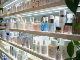 ai genererad kosmetika och hudvård Produkter på hylla i skönhet affär. foto