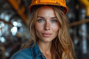 ai genererad slående porträtt av en kvinna ingenjör på ett industriell webbplats. generativ ai foto