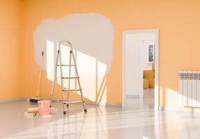 3d tolkning av solig rum interiör med målning renovering i framsteg foto