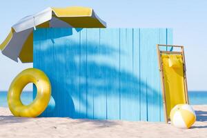 strand tecken med gul däck stol, paraply, och strand boll foto