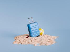 blå resväska och strand boll på sand lugg, semester begrepp foto