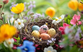 ai genererad påsk bakgrund med dekorerad ägg i en bo omgiven förbi vår blommor foto
