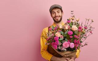 ai genererad leverans man innehav bukett av blommor på rosa bakgrund foto