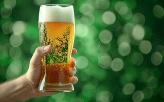 ai genererad en man innehav en glas kall, färsk öl på en suddig grön bakgrund, skapande de perfekt atmosfär för st. Patricks dag fester med kopia Plats foto