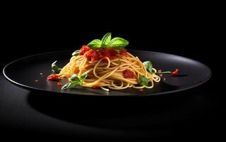 ai genererad italiensk spaghetti på en mörk tallrik, uppsättning mot en eleganta mörk bakgrund för en elegant presentation foto