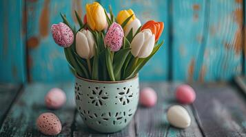 ai genererad färgrik tulpaner i en keramisk vas med målad påsk ägg på en rustik tabell med kopia Plats foto