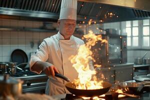 ai genererad erfaren kock matlagning med flammande panorera i kök med ai genererad. foto