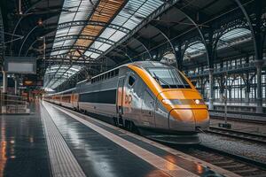 ai genererad modern hög hastighet tåg väntar på station plattform med ai genererad. foto