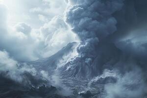 ai genererad vulkan utbrott med rök i de moln. foto