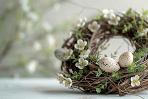 ai genererad fredlig påsk bo ägg omgiven förbi delikat körsbär blommar, symboliserar de förnyelse av vår foto