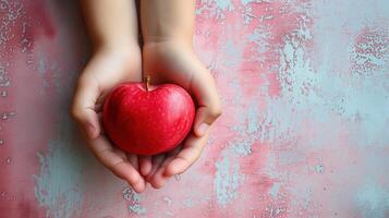 ai genererad en par av händer försiktigt innehav en enda färsk röd äpple mot en rustik rosa bakgrund foto