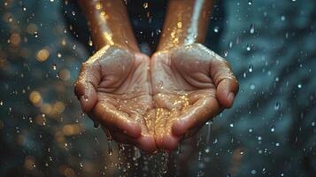 ai genererad närbild av en kvinnors händer under de regn, ai generativ foto