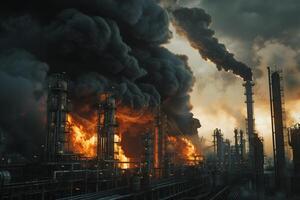 ai genererad industriell katastrof på kemisk växt med bränder med ai genererad. foto