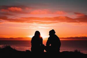 ai genererad silhuett man och kvinna Sammanträde mot en dramatisk solnedgång foto