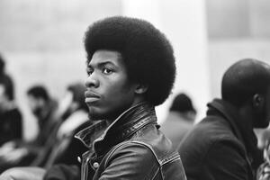 ai genererad en svart och vit Foto fångande en ung man i profil med en afro frisyr