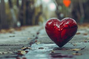ai genererad en röd hjärta Sammanträde på en trottoar foto