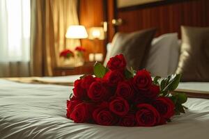 ai genererad romantisk överraskning bukett av röd ro placerad på säng foto