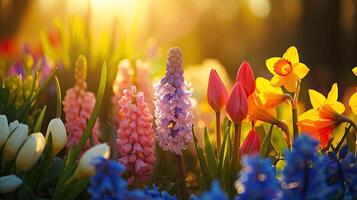 ai genererad vår blommor i solig dag i natur, hyacint, krokusar, påskliljor, tulpaner,, färgrik naturlig vår bakgrund, ai genererad foto