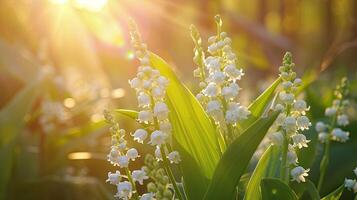 ai genererad vår blommor i solig dag i natur, lilja av de dal, färgrik naturlig vår bakgrund, ai genererad foto