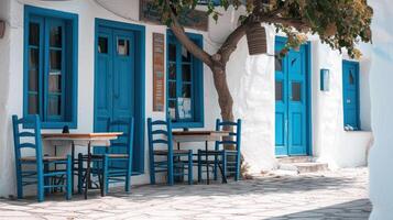 ai genererad grekisk kultur med traditionell vit och blå grekisk arkitektur, taverna foto