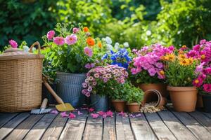 ai genererad trädgårdsarbete verktyg och blommor på de terrass i de trädgård foto