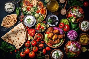 ai genererad grekisk mat bakgrund. meze, gyros, souvlaki, fisk, pitabröd, grekisk sallad, tzatziki, sortiment av feta, oliver och grönsaker. traditionell annorlunda grekisk maträtter uppsättning. foto