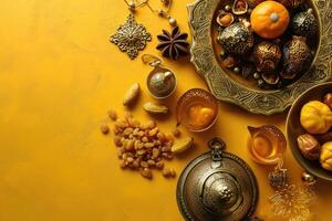 ai genererad muslim Semester begrepp. ramadan kareem och iftar muslim mat. brickor med nötter och torkades frukt foto