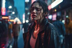 ai genererad en kvinna stående i de regn på en stad gata foto
