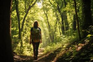 ai genererad kvinna vandring i en frodig skog. foto