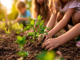 ai genererad grupp av barns händer plantering ny träd i jord, symboliserar tillväxt, hållbarhet, och miljö- utbildning. foto