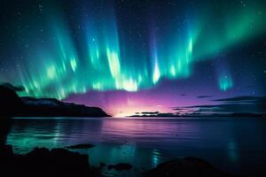 ai genererad nordlig lampor i natt himmel över snöig bergen foto