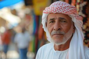 ai genererad porträtt av ett arab man i traditionell kläder på en stad gata foto