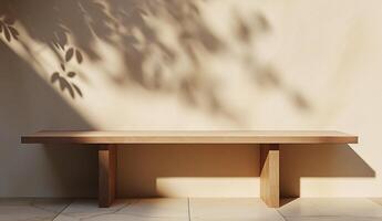 ai genererad tömma trä- tabell topp på beige vägg bakgrund med solljus naturlig skugga, för produkt falsk upp presentation foto