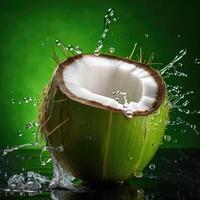 ai genererad färsk grön halv skivad kokos med droppar av vatten isolerat på mörk grön bakgrund. foto