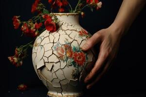 ai genererad hand innehav en skön gammal bruten blomma vas isolerat på en mörk bakgrund. foto