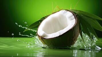 ai genererad färsk halvknäckt kokos falla in i vatten och göra en skön vatten stänk, isolerat på ljus grön bakgrund. foto