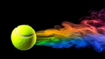 ai genererad vibrerande explosion av färgrik rök spår omgivande tennis boll på mörk bakgrund foto