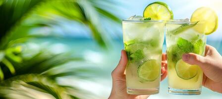 ai genererad romantisk par njuter mojito cocktails på tropisk strand i sommar värmebölja med kopia Plats foto